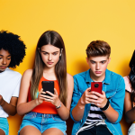 **Target Audience:** A diverse group of young adults (teens to early 20s) looking stylish and engaged while watching a fashion YouTube video on their phones/tablets. Focus on vibrant colors and relatable fashion.