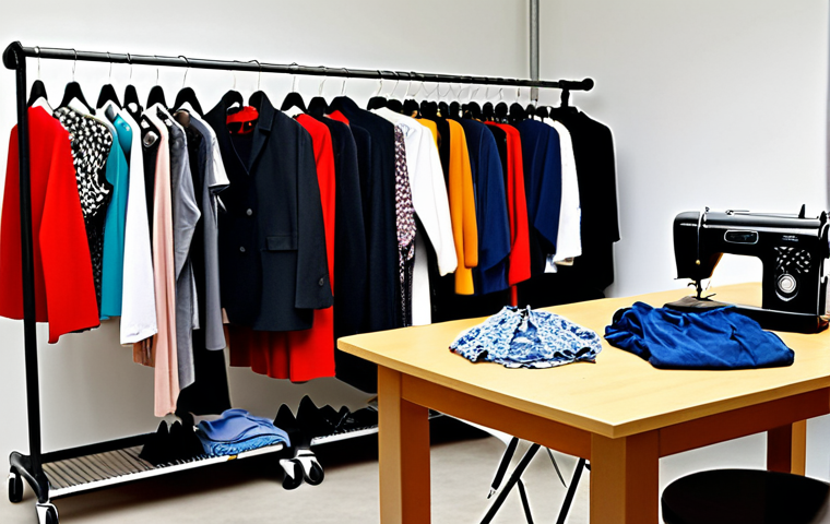 **

A behind-the-scenes look at a fashion stylist's reality. Cluttered scene with overflowing garment racks, accessories scattered, a stylist ironing clothes, and a styling sheet nearby. Emphasize the hardworking, not-so-glamorous aspects of the job. Include a large carry case overflowing with fashion items. Focus on realistic details and a slightly chaotic but organized atmosphere.

**