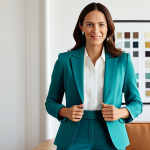 A professional female fashion consultant, mid-30s, with a warm and confident expression, stands in a brightly lit, modern studio. She wears a sophisticated, fully clothed, modest business casual ensemble in a harmonious color palette, featuring a well-tailored blazer and appropriate trousers. In the background, there's a neat display of fabric swatches and a minimalist mood board, hinting at personalized style creation. The scene is captured with soft, natural light, emphasizing a sense of clarity and inspiration. safe for work, appropriate content, fully clothed, professional, perfect anatomy, correct proportions, natural pose, well-formed hands, proper finger count, natural body proportions, high-quality photography, studio lighting, detailed, realistic.