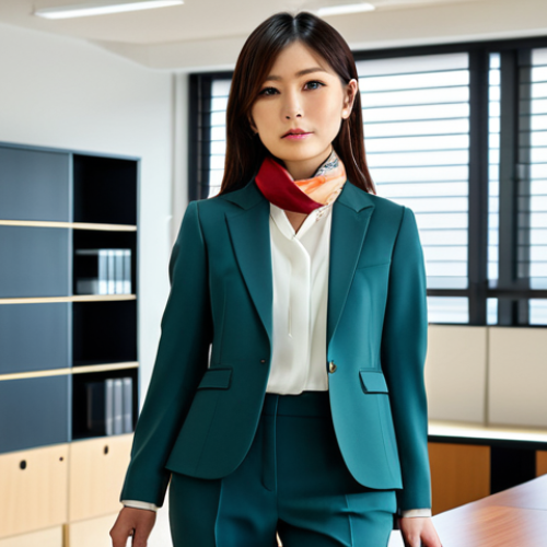 **

"A stylish Japanese woman in her late 20s, fully clothed in a modern office setting. She's wearing a tailored blazer over a simple, elegant blouse and well-fitting trousers. The color palette is muted, with a pop of color from a silk scarf tied around her neck. Perfect anatomy, natural pose, professional lighting, high quality. Safe for work, appropriate content, fully clothed, professional attire. Modern Japanese aesthetic."

**
