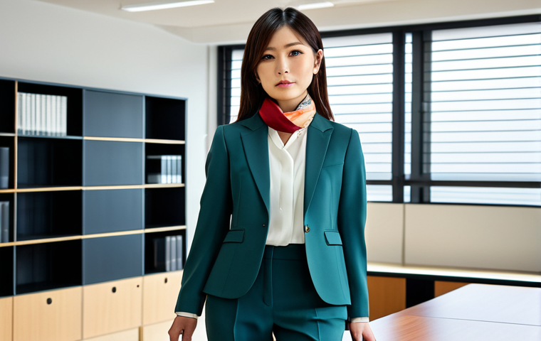 **

"A stylish Japanese woman in her late 20s, fully clothed in a modern office setting. She's wearing a tailored blazer over a simple, elegant blouse and well-fitting trousers. The color palette is muted, with a pop of color from a silk scarf tied around her neck. Perfect anatomy, natural pose, professional lighting, high quality. Safe for work, appropriate content, fully clothed, professional attire. Modern Japanese aesthetic."

**