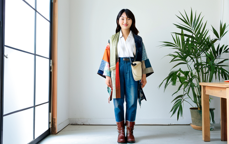 패션 코디네이터의 지속 가능한 패션 도전기 - Upcycled Fashion Lookbook**

"A stylish Japanese woman in her 20s, wearing a modern outfit created f...