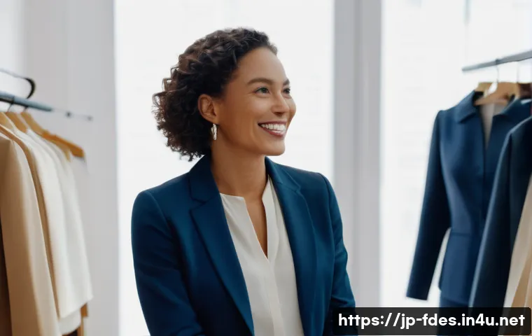 패션 코디네이터의 경쟁력 분석 - A vibrant and empathetic female fashion coordinator, in her early 30s, with a warm and genuine smile...