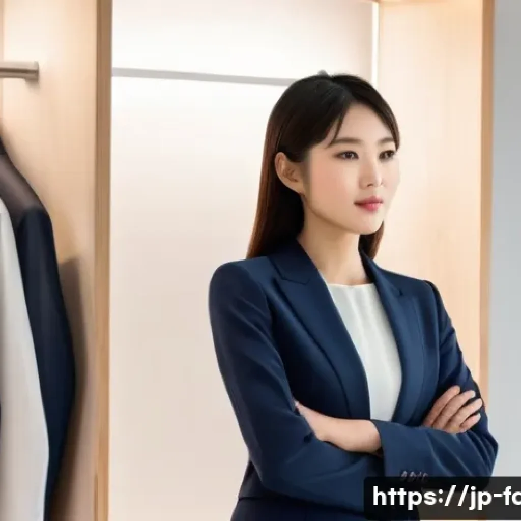 패션 코디네이터의 고객 피팅 가이드 - A modern Japanese clothing store fitting room scene with a young Japanese woman wearing stylish, fit...