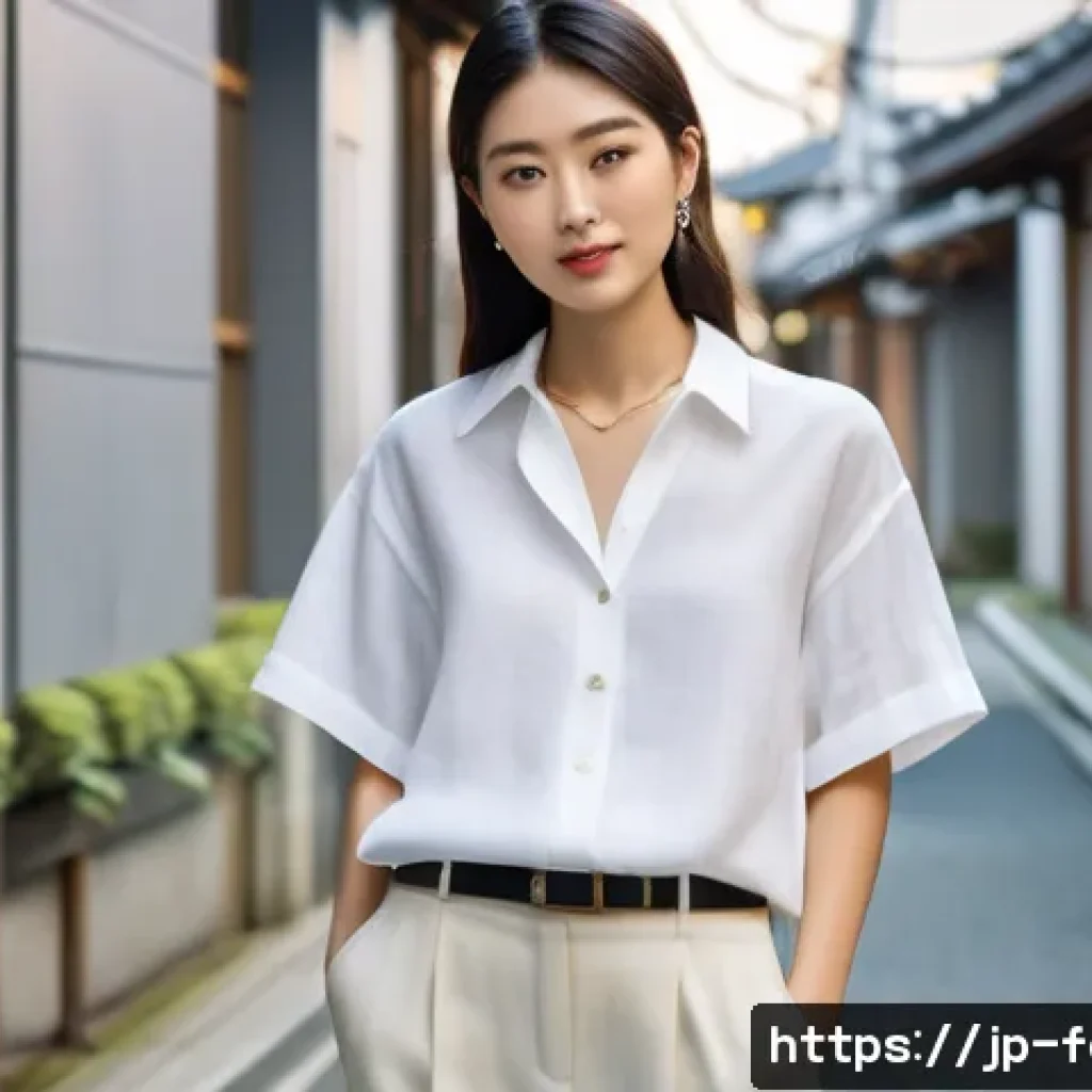 패션 코디네이터의 의류 브랜드 분석 - A sophisticated young Japanese woman wearing a minimalist designer linen shirt and tapered pants, st...