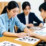 패션 코디네이터 학원 비교 - A modern fashion school classroom scene in Japan, featuring a diverse group of students attentively ...