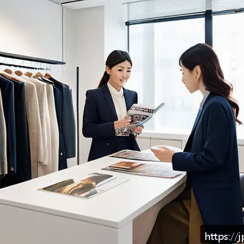 패션 코디네이터 취업 성공 사례 - A professional Japanese fashion coordinator in a modern, stylish office environment, dressed in eleg...