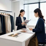 패션 코디네이터 취업 성공 사례 - A professional Japanese fashion coordinator in a modern, stylish office environment, dressed in eleg...