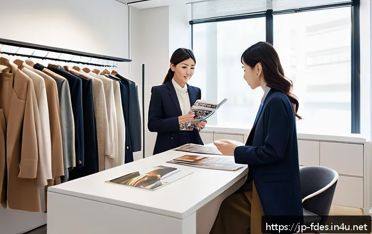 패션 코디네이터 취업 성공 사례 - A professional Japanese fashion coordinator in a modern, stylish office environment, dressed in eleg...