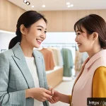 패션 코디네이터가 알아야 할 세일즈 스킬 - A professional Japanese fashion coordinator in a stylish boutique, warmly smiling with gentle eye co...