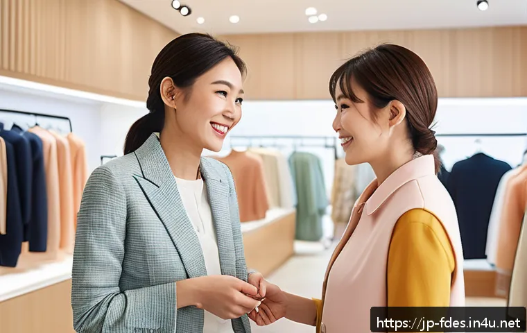 패션 코디네이터가 알아야 할 세일즈 스킬 - A professional Japanese fashion coordinator in a stylish boutique, warmly smiling with gentle eye co...