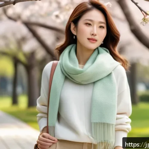 패션 코디네이터의 창의적 스타일링 사례 - A stylish young Japanese woman in a soft spring outfit featuring a natural beige and brown monochrom...