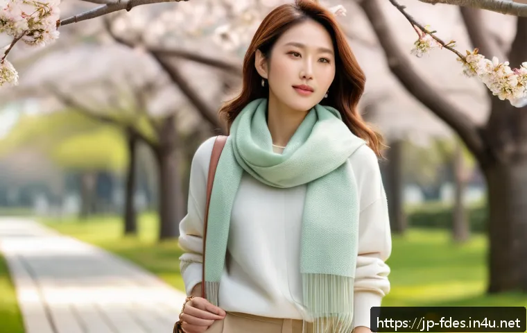 패션 코디네이터의 창의적 스타일링 사례 - A stylish young Japanese woman in a soft spring outfit featuring a natural beige and brown monochrom...